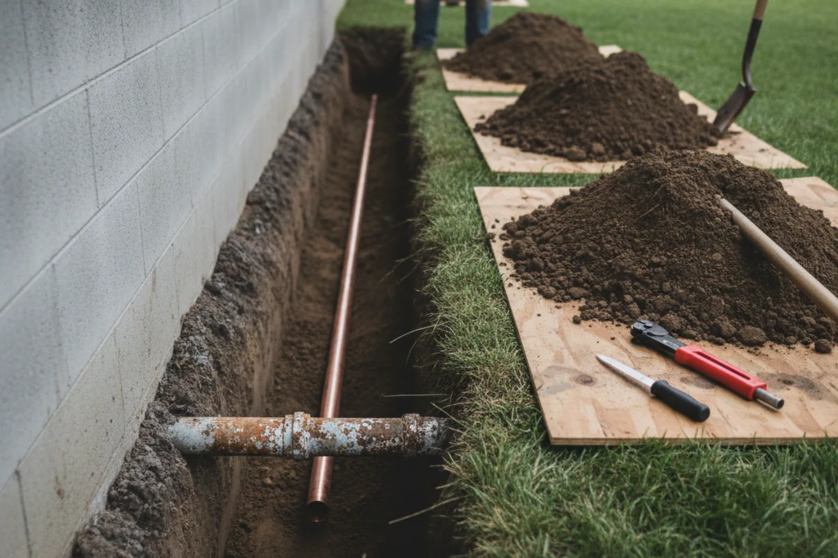 Excavated water line trench during Sewer Line Repair in Pataskala